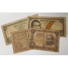 SPAIN 1951 and 1954 . ONE 1 - FIVE 5 PESETA BANKNOTES